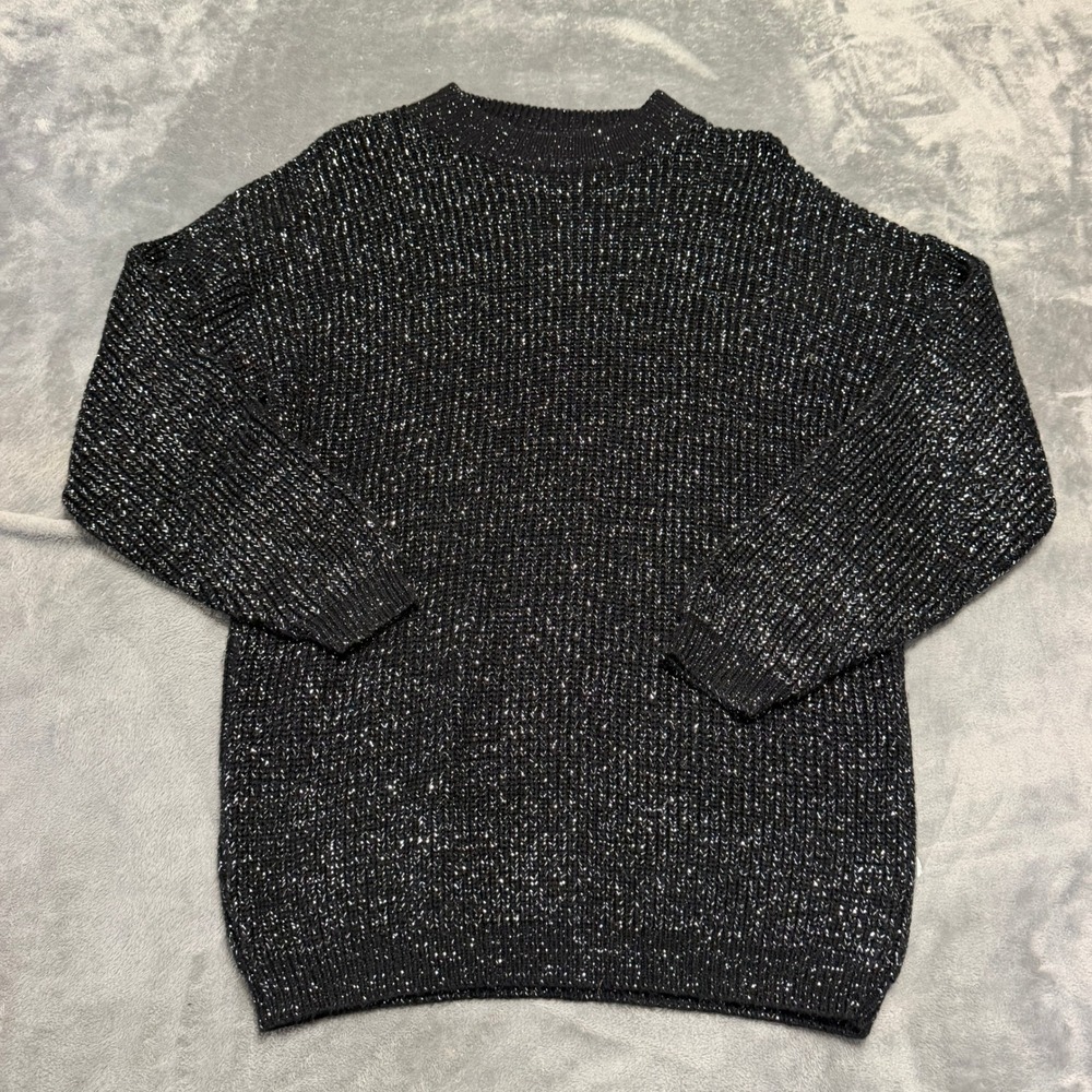 Vintage Black Silver Metallic Knit Sweater Made in USA Shimmer Holiday Sparkle